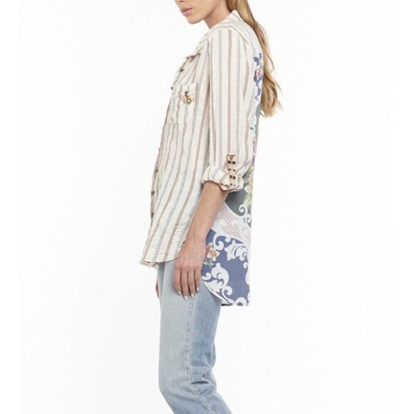 Aratta Silent Journey Women’s Shirt Size XS Blouse Button Striped Floral Pocket - Picture 12 of 14